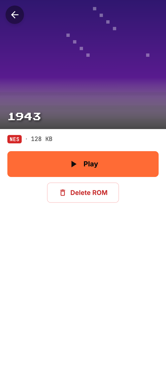 A game page in Retro Nes Emulator with its size, a Play button and a delete option.