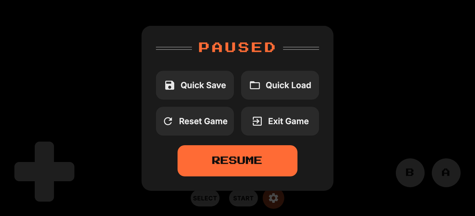 The pause menu with Quick Save, Quick Load, Reset and Exit.